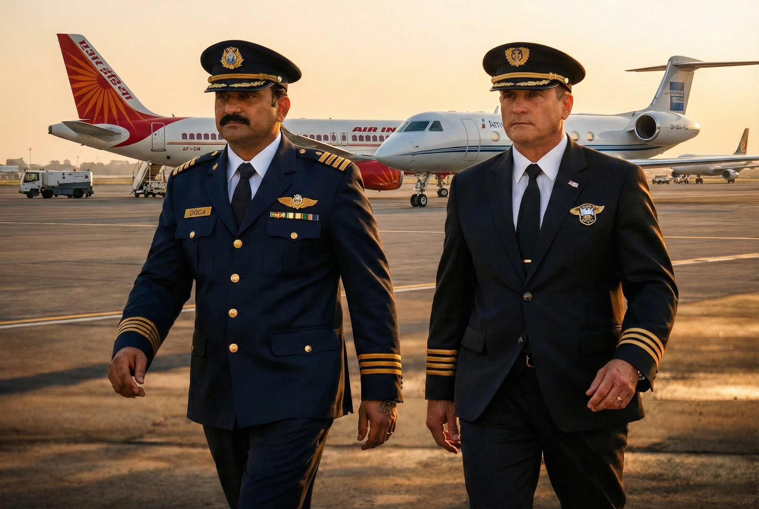 DGCA vs FAA license comparison shown through Indian and US aviation officials walking on an airport tarmac with Air India and American aircraft behind them.
